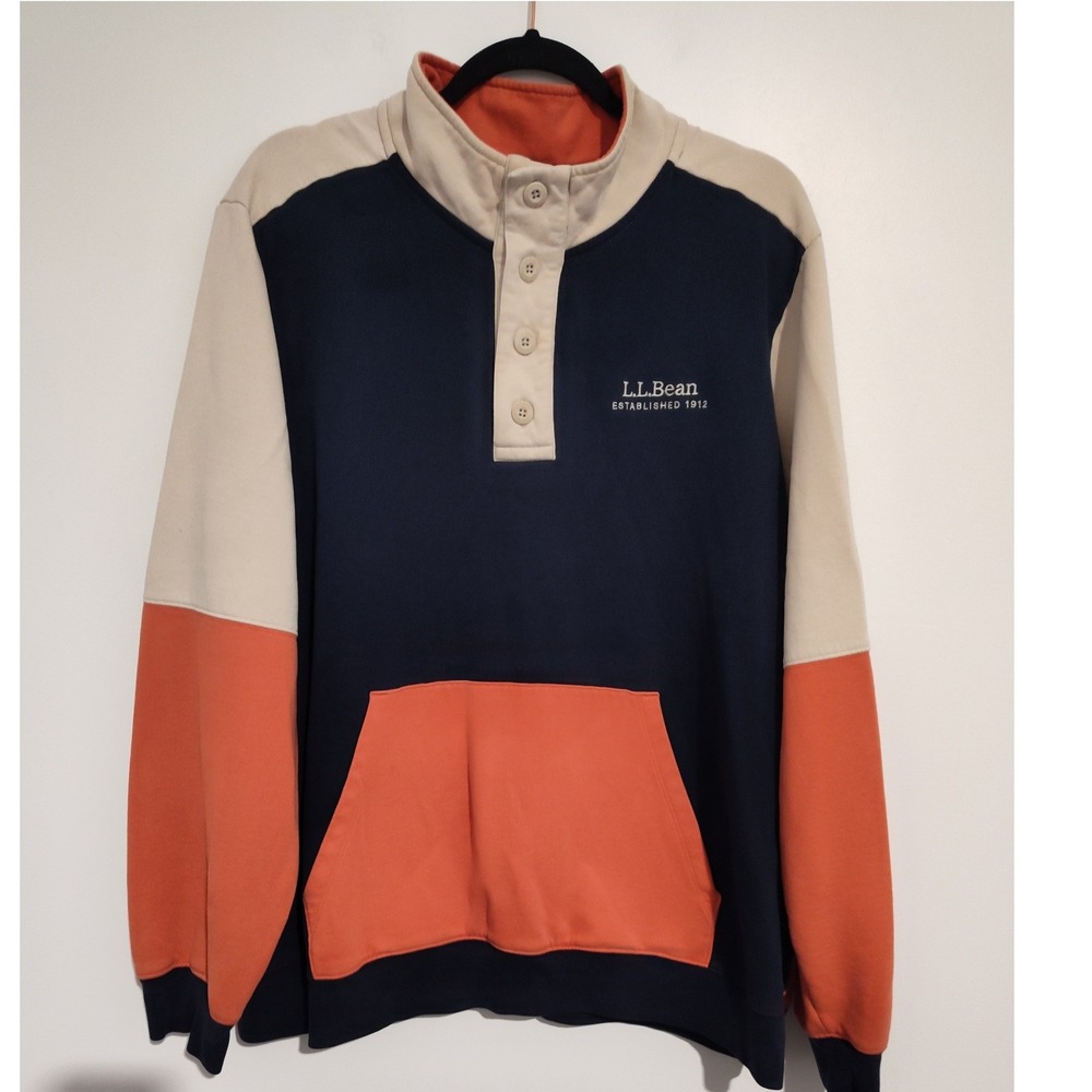 LL Bean Mens XL Colorblock Henley Sweatshirt Navy Orange Tan 516984
